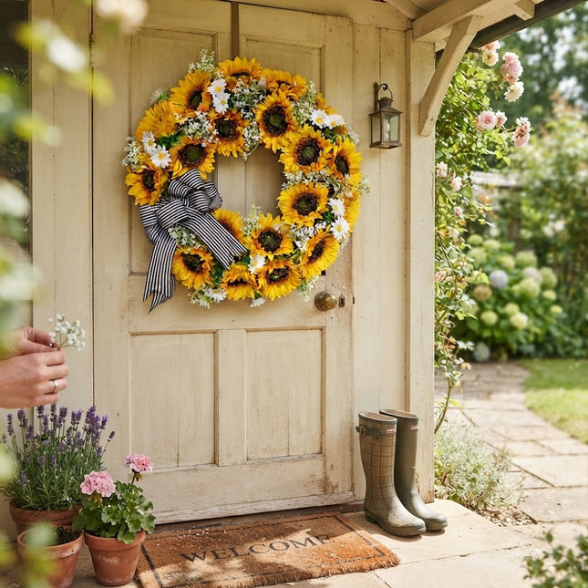 Front Door Wreath, Artificial Sunflower Wreath with Bow, 45cm Daisy and Greenery Spring Wreath for Window and Porch