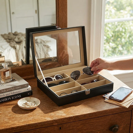 Glasses Display Case, 8 Slot Sunglasses Organizer Case with Locking Glass Lid, Leather Sunglasses Storage Box