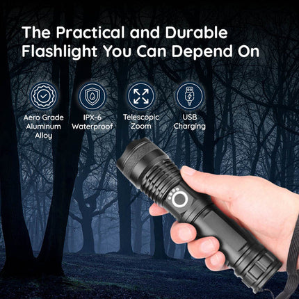 USB Powerful Flashlight Torch, Rechargeable Aircraft Grade Aluminum LED Torch with Telescopic Zoom, 5 Light Modes and IPX-6 Rating