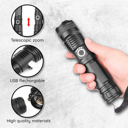 USB Powerful Flashlight Torch, Rechargeable Aircraft Grade Aluminum LED Torch with Telescopic Zoom, 5 Light Modes and IPX-6 Rating