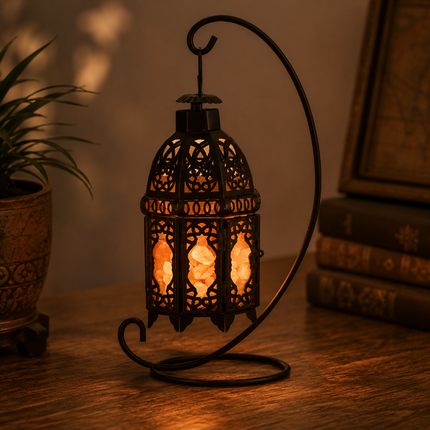 Vintage Iron Salt Rock Tabletop Lamp, Natural Crystal Night Light with Warm White Bulb, 12.2 Inch Bedroom Decor Lamp