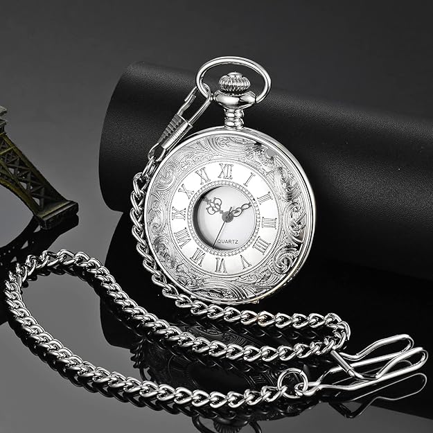 Timeless Vintage | Silver Pocket Watch with Roman Numerals & Chain | Elegant Accessory for Men 4