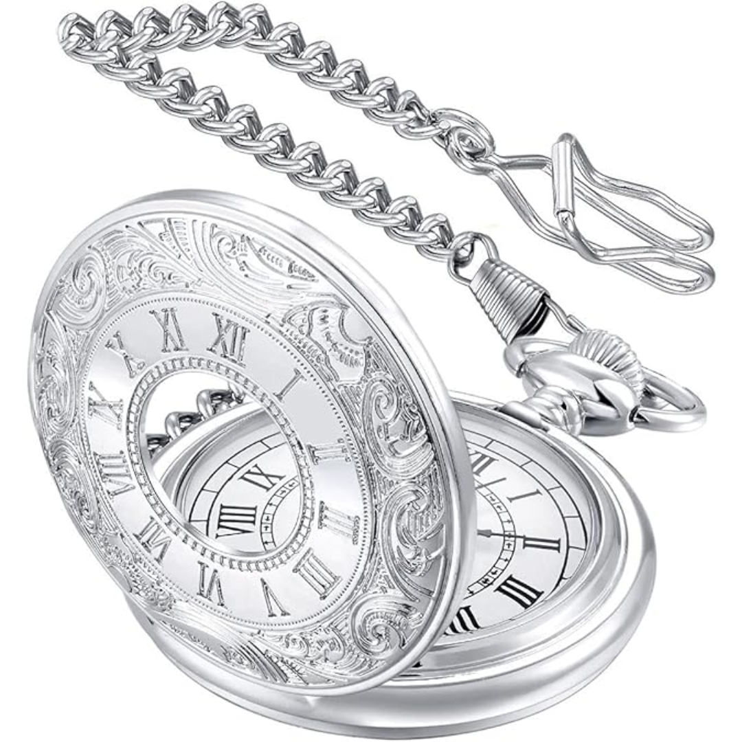 Timeless Vintage | Silver Pocket Watch with Roman Numerals & Chain | Elegant Accessory for Men 9