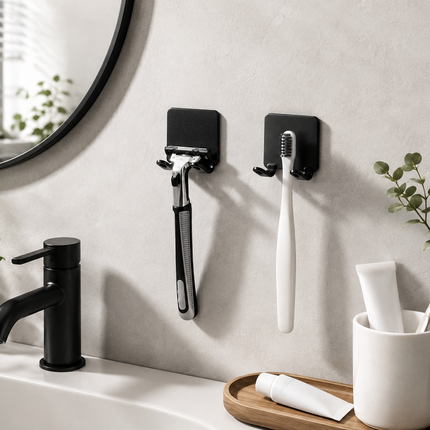 Wall Mounted Toothbrush Holder Set, No Drill Adhesive Space Aluminum Bathroom Organizer in Black, 4.5cm Compact Size
