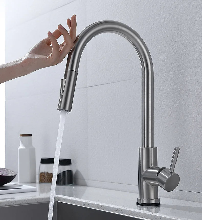 TouchTech | Pull-Out Kitchen Tap with Sensor Activation & Flexible Spout | Modern Brass Faucet for Effortless Cleaning 0