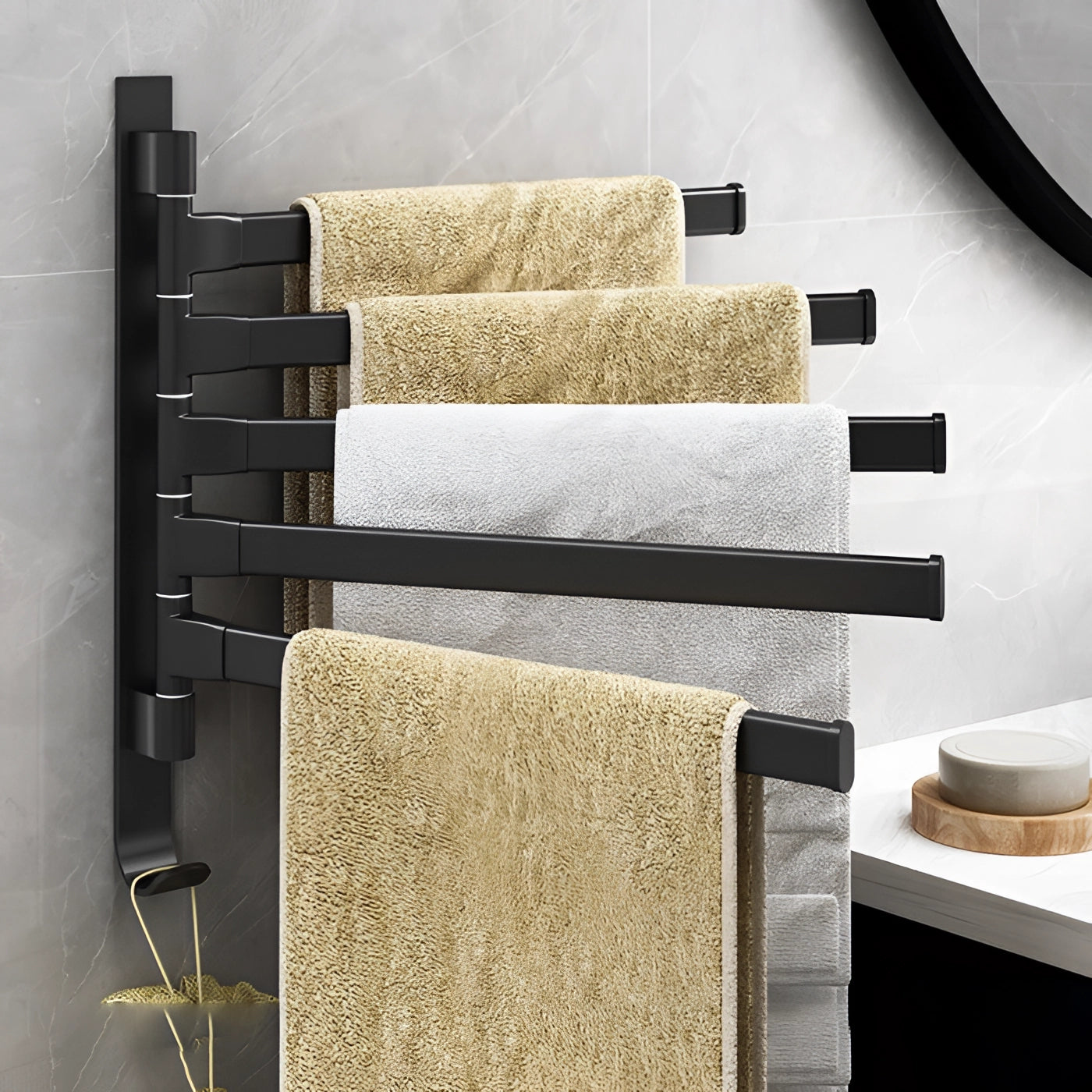 Towelix | Wall-Mounted Towel Rack with 5 Swivel Arms | Stylish Black Metal Organizer for Space Efficiency 0