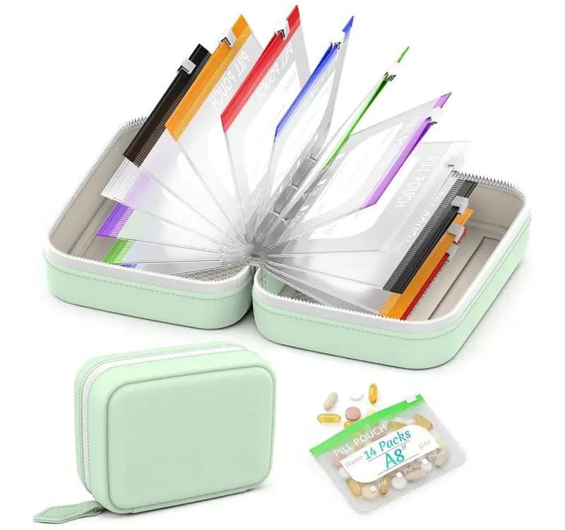 Travel Pill Organizer with 14 Color-Coded Pouches | Stylish Waterproof Case for Easy Supplement Management 0