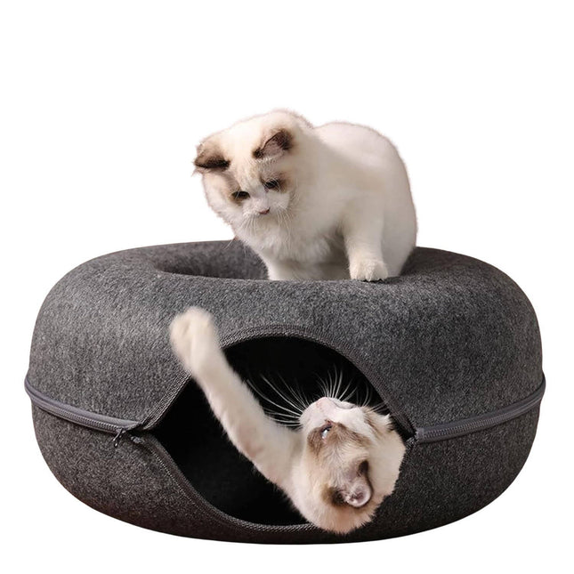 Cat Beds, Donut Bed for Cats with Zipper, Felt Cat Tunnel Bed, Cat Cave for Multiple Cats