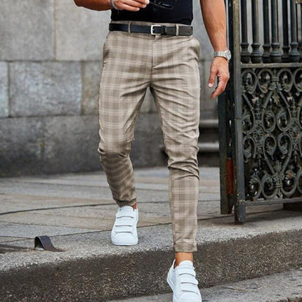 Vintage Checkered Pants for Men, Polyester Cotton Blend Casual Checked Trousers with Pockets, Blue Gray Brown Black