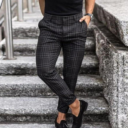 Vintage Checkered Pants for Men, Polyester Cotton Blend Casual Checked Trousers with Pockets, Blue Gray Brown Black