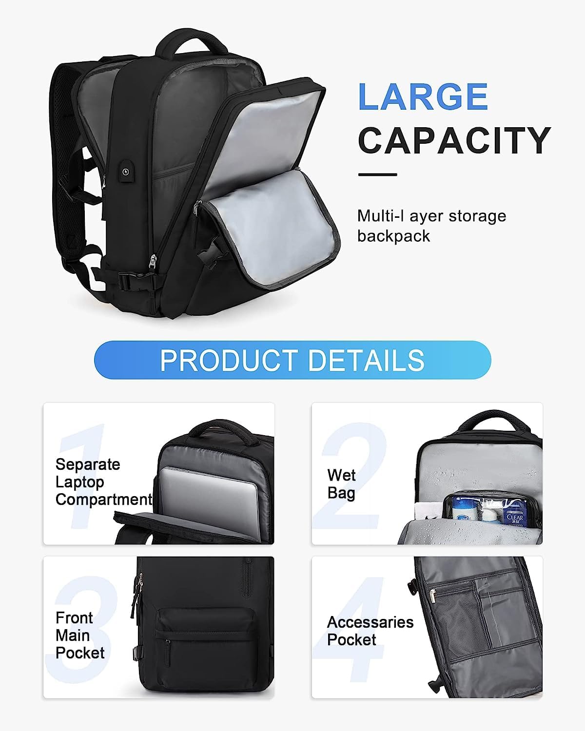 Versatile 40L Waterproof Travel Backpack with USB Port & Shoe Compartment for Organized Travel 7