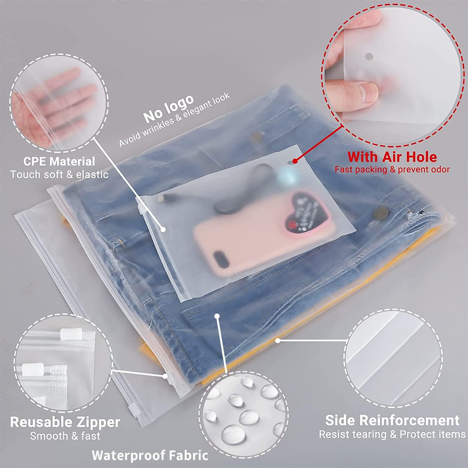 Versatile Zip Storage Bags | 20-Pack Frosted EVA Garment Sleeves with Ventilation Holes | Durable and Waterproof for Organizing 2