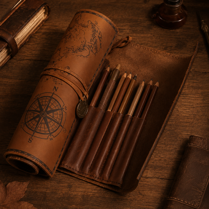 Vintage Leather Pencil Case, Roll Up Treasure Map Stationery Pouch for School and Office, PU Leather Pen Organizer Bag