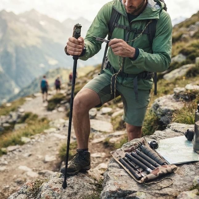 Trekking Pole, Collapsible Aluminium Hiking Pole with Tungsten Tip, Adjustable Hiking Stick with Compass and Tool Kit