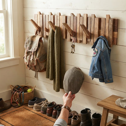 Wall Mounted Coat Rack with Flip Up Hooks, Wooden Coat Rack for Entryway and Hallway, Decorative Wall Hooks for Mudroom