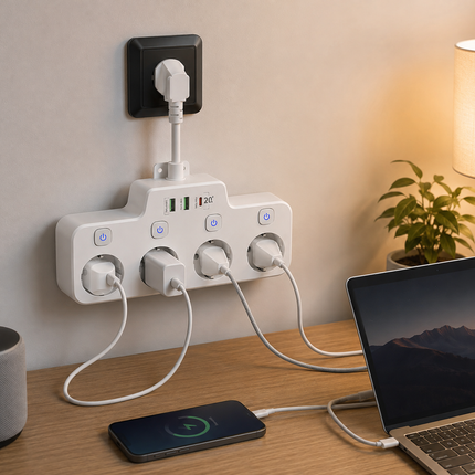 Wall Mounted Rotatable Power Strip, 3 Outlets, 2 USB A and 1 USB C Ports, Independent Switches, Overload Protection, Black White Gray