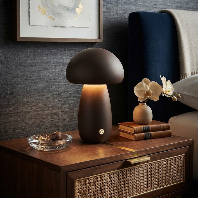 Table Lamp Mushroom Night Light, Rechargeable Cordless Lamp with Touch Control, Wood Bedside Lamp for Nightstand