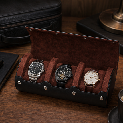 Watch Travel Case for 3 or 6 Watches, PU Leather Watch Roll Storage Box with Soft Suede Interior and Sliding Cushions
