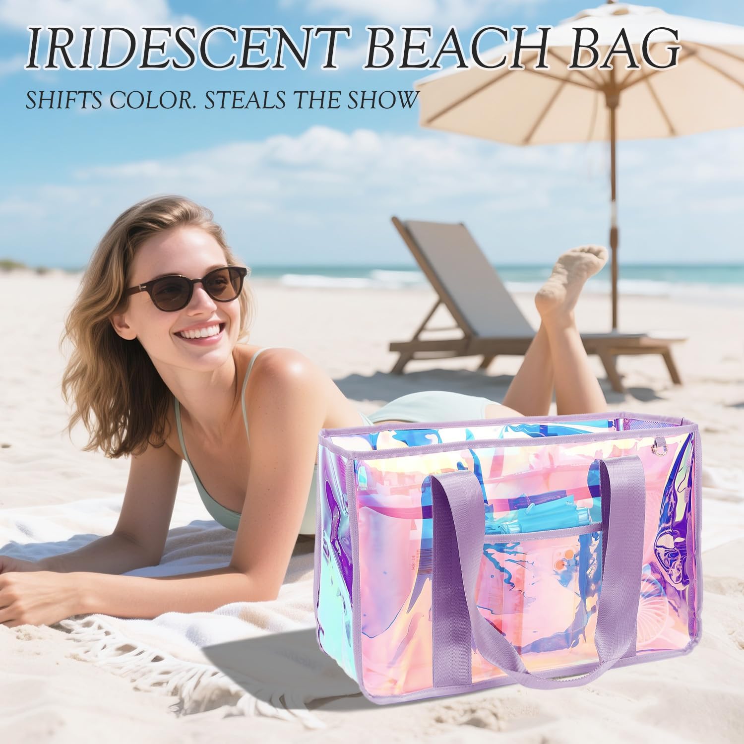 Waterproof Beach Tote Bag with Zipper | Stylish Iridescent Design for Summer Essentials 2