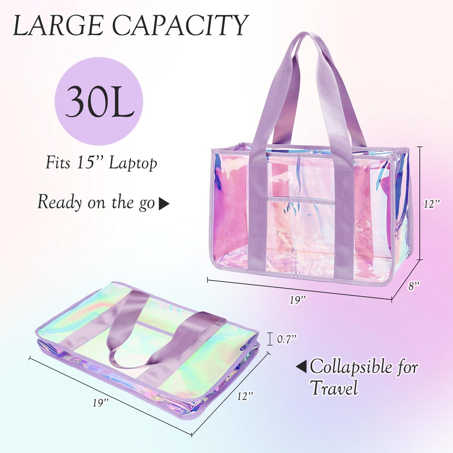 Waterproof Beach Tote Bag with Zipper | Stylish Iridescent Design for Summer Essentials 7