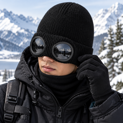Beanies with Built In Goggles, Waterproof Knitted Beanie Hat with Fleece Lining