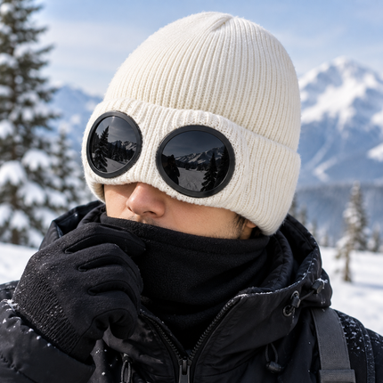 Beanies with Built In Goggles, Waterproof Knitted Beanie Hat with Fleece Lining, Snow Hat and Winter Hats for Skiing