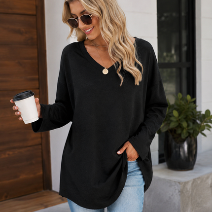 Women's V-Neck Knit Top, Loose Fit Long Sleeve Cotton Blend Tee with Flared Hem, Casual Basic Shirt for Spring and Summer