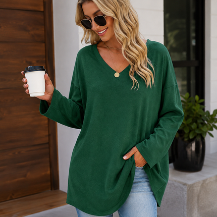 Women's V-Neck Knit Top, Loose Fit Long Sleeve Cotton Blend Tee with Flared Hem, Casual Basic Shirt for Spring and Summer