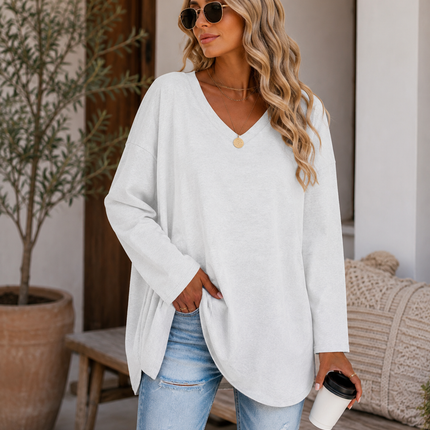 Women's V-Neck Knit Top, Loose Fit Long Sleeve Cotton Blend Tee with Flared Hem, Casual Basic Shirt for Spring and Summer
