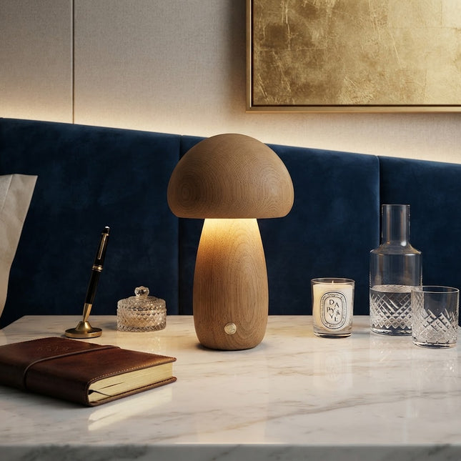 Table Lamp Mushroom Night Light, Rechargeable Cordless Lamp with Touch Control, Wood Bedside Lamp for Nightstand