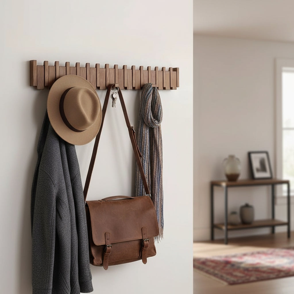 Wooden Wall Hook Rack with Foldable Hooks | Stylish Key Holder for Home Organization 0