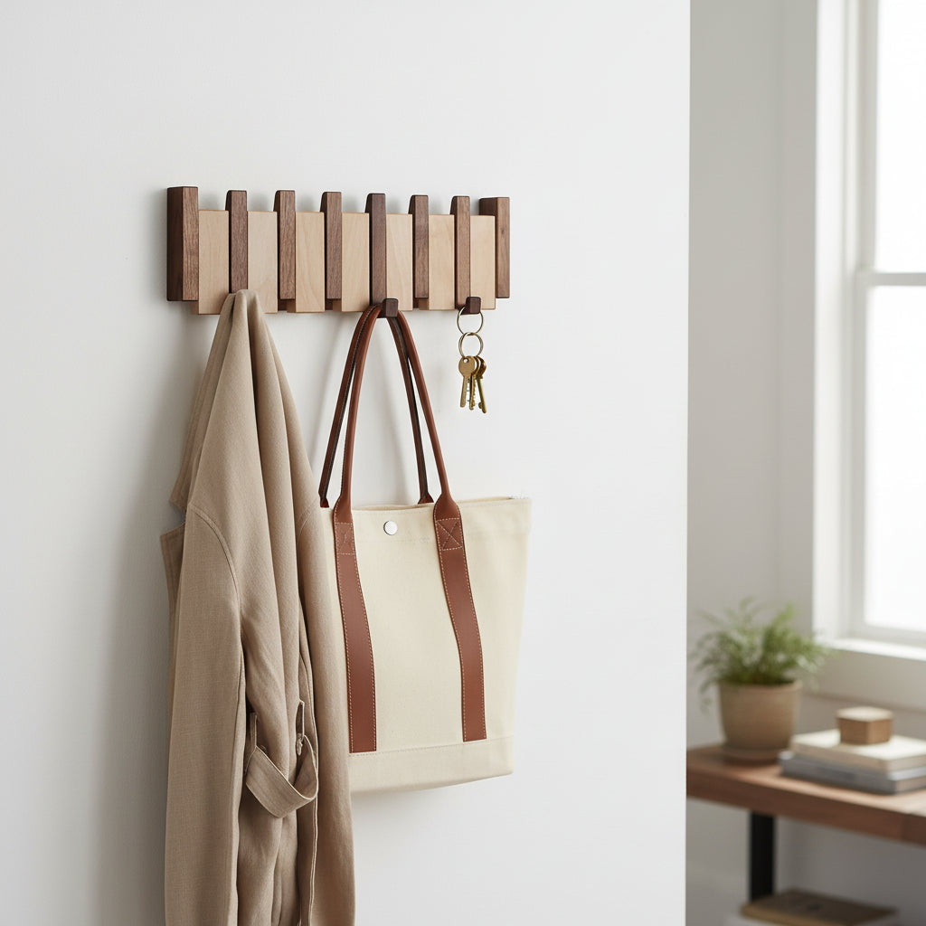 Wooden Wall Hook Rack with Foldable Hooks | Stylish Key Holder for Home Organization 1