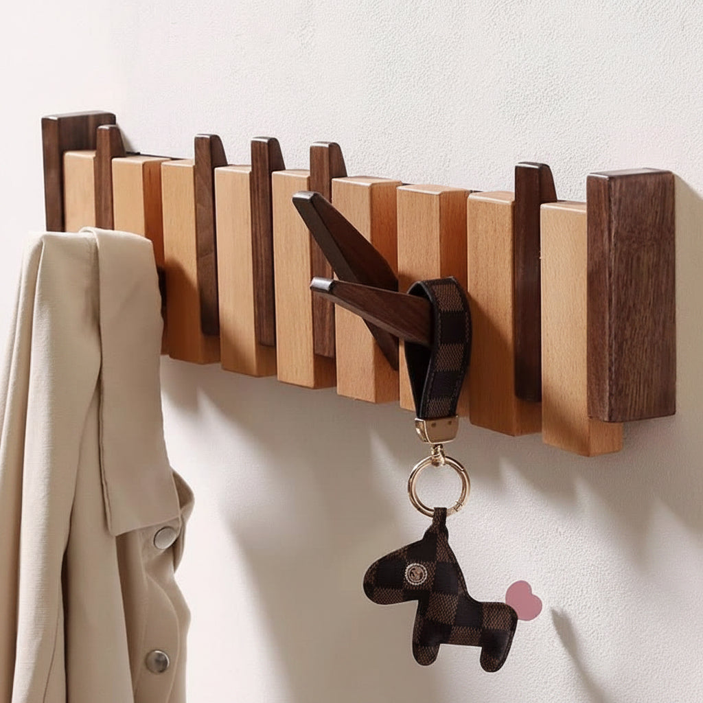 Wooden Wall Hook Rack with Foldable Hooks | Stylish Key Holder for Home Organization 2