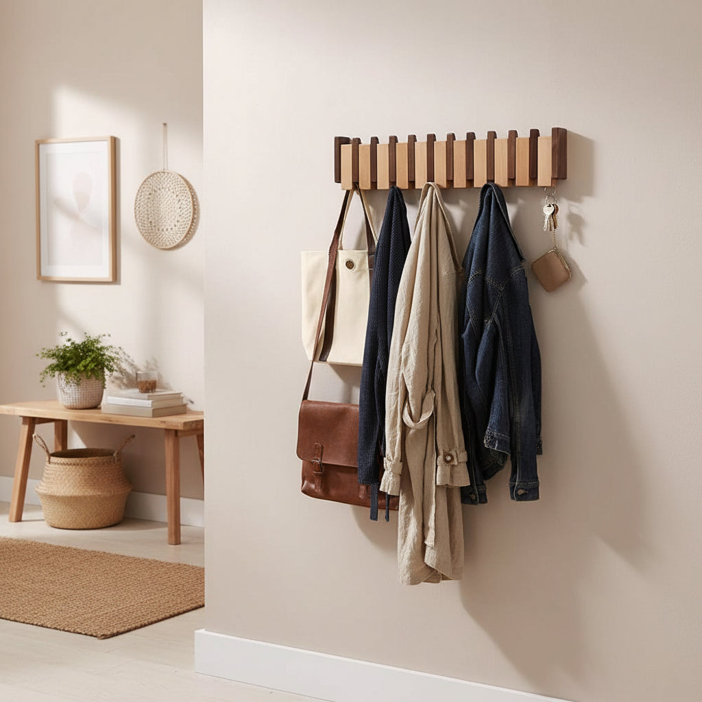 Wooden Wall Hook Rack with Foldable Hooks | Stylish Key Holder for Home Organization 7