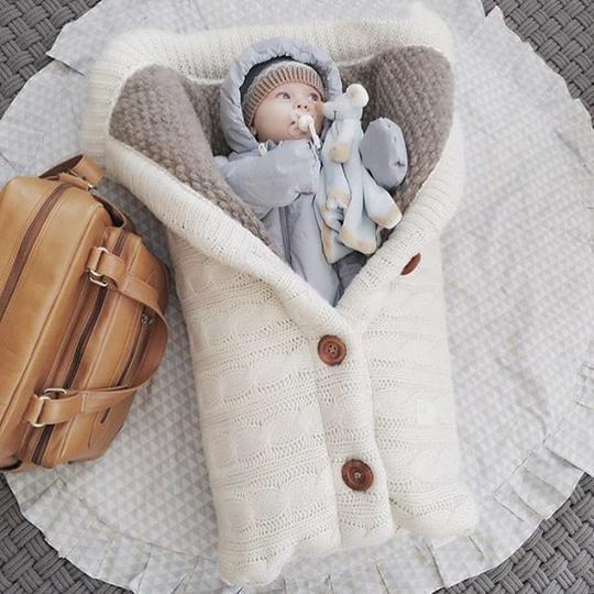 Baby Blanket Fleece Lined, Knitted Infant Swaddle Blanket for Stroller Travel, Warm Blanket