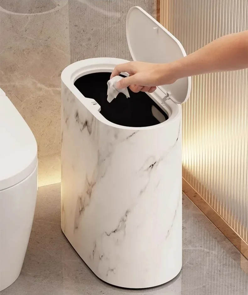 Tuzwa Bathroom Trash Can with Push Lid – Marble Design Slim Waste Bin for Small Spaces, Bedroom & Office