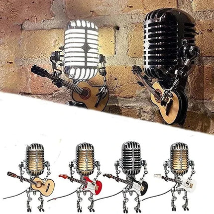 Vintage Metal Microphone Robot Lamp with Guitar, Adjustable Retro Desk Light for Music Room, Studio and Bedroom Decor