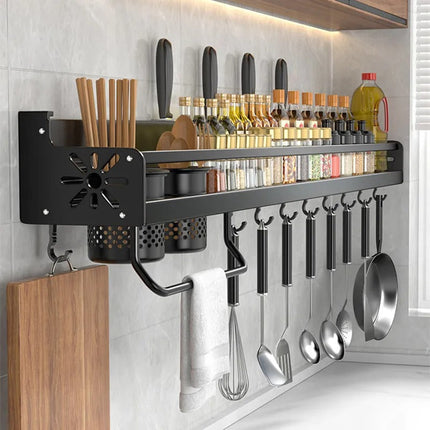Wall Mounted Kitchen Storage Rack Organizer, Aluminum Utensil and Spice Holder with Movable Hooks and Knife Groove