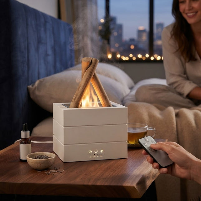 Essential Oil Diffuser with Flame Effect, Aroma Diffuser and Humidifier with Remote, Bedroom Humidifier with Timer