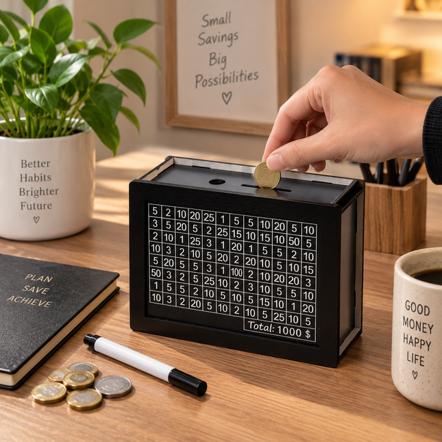 Piggy Bank for Adults, Wooden Money Box with Built In Coin Counter, DIY Money Saving Box with a Savings Goal