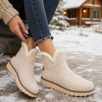 Womens Winter Ankle Boots with Warm Fur Lining, Textured Grip Sole Slip On Snow Booties in Beige, Black and Brown