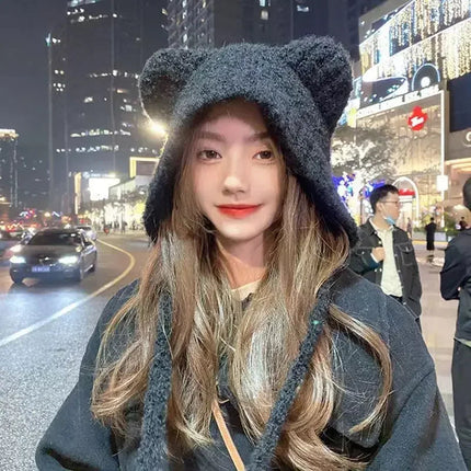 Womens Winter Hat in Black with Bear Ears
