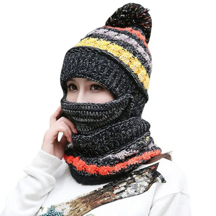 Knitted Hat Scarf Set with Velvet Lining, Pom Pom Beanie with Detachable Face Guard – image 6