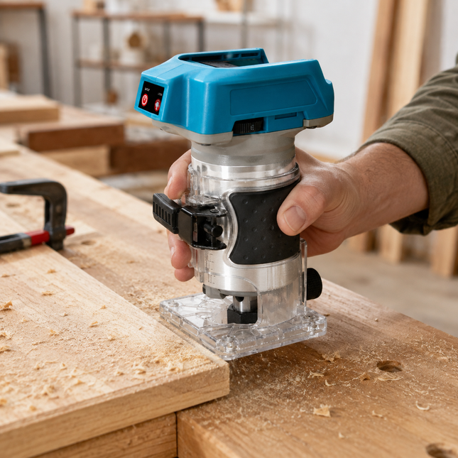 Cordless wood router, 600W brushless trim router with 18000 RPM, 6 speed levels, LED light and clear base