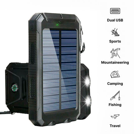 Waterproof Battery Pack with Dual USB, Solar Portable Battery Charger with Flashlight