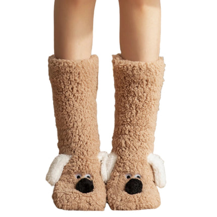 Fuzzy Dog Socks in Light Brown, Ankle to Calf Length