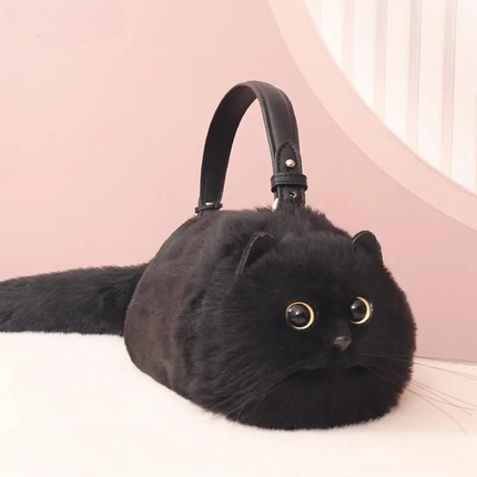 Cat Bag, Plush Cat Handbag with Embroidered Face, Faux Fur Bag with Zipper, Plush Shoulder Bag with Adjustable Strap