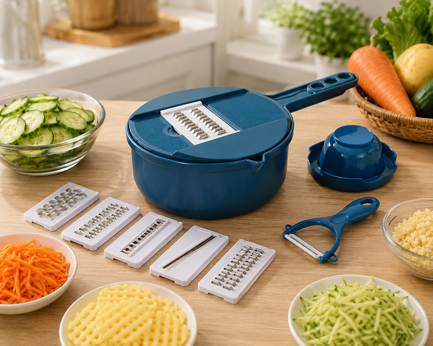 Tuzwa 9-in-1 Vegetable Chopper & Mandoline Slicer – Manual Food Cutter with Stainless Steel Blades, Container & Safety Hand Guard
