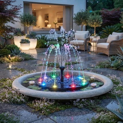 Pond Fountain with 60 LED Lights, Color Changing Solar Fountain Pump, Garden Fountain with 8 Water Spray Patterns