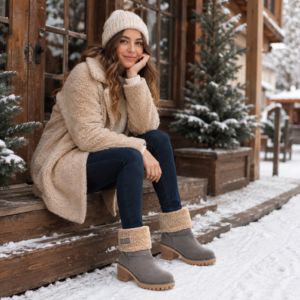 Snow Boots for Women, Waterproof Winter Boots with Block Heel, Leather Ankle Boots with Fur Cuffs and Non Skid Lug Sole